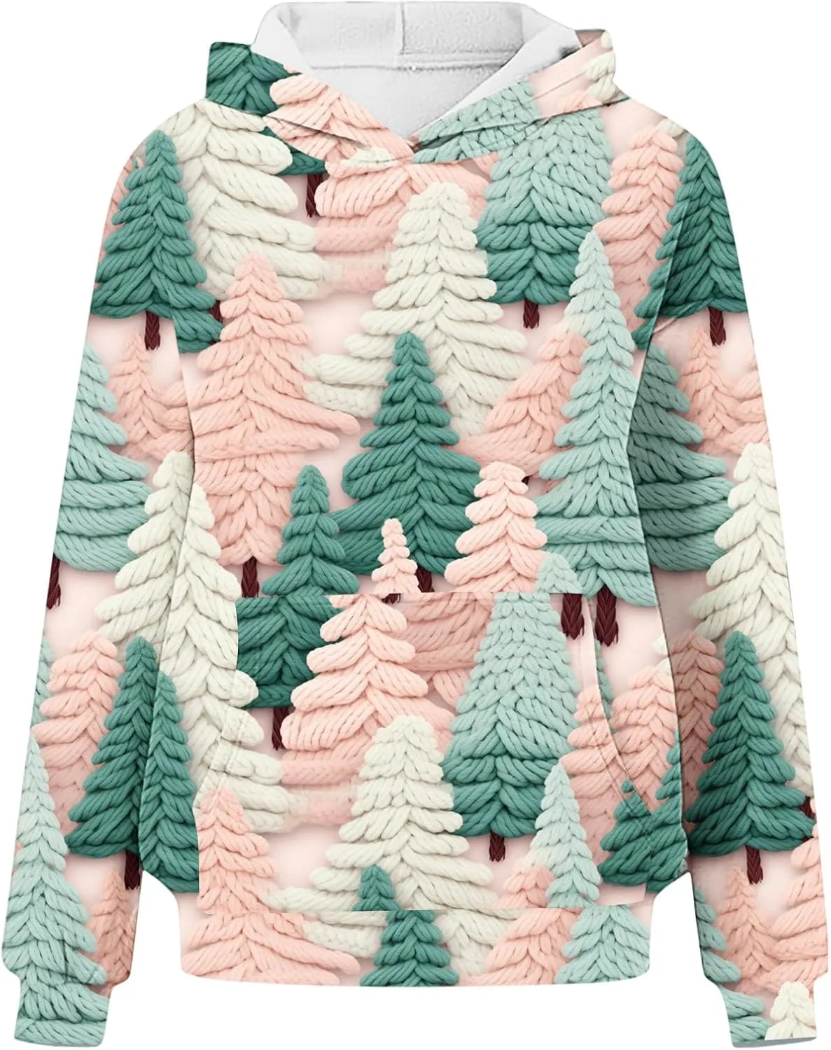 Cozy Knitted Tree Print Hoodie for Women Pullover Oversized Long Sleeve Winter Graphic Sweatshirt Warm Daliy Top