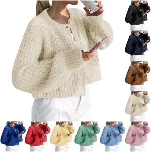 Crochet Cardigan Sweaters for Women Tops Chunky Knitted Crew Neck Trendy Cropped Button Long Sleeve Sweater Fall 2024