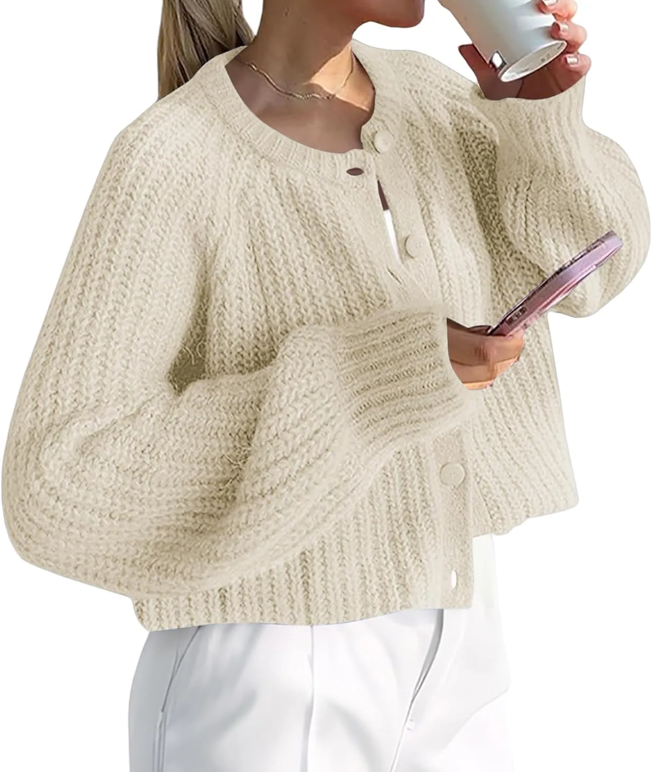 Crochet Cardigan Sweaters for Women Tops Chunky Knitted Crew Neck Trendy Cropped Button Long Sleeve Sweater Fall 2024