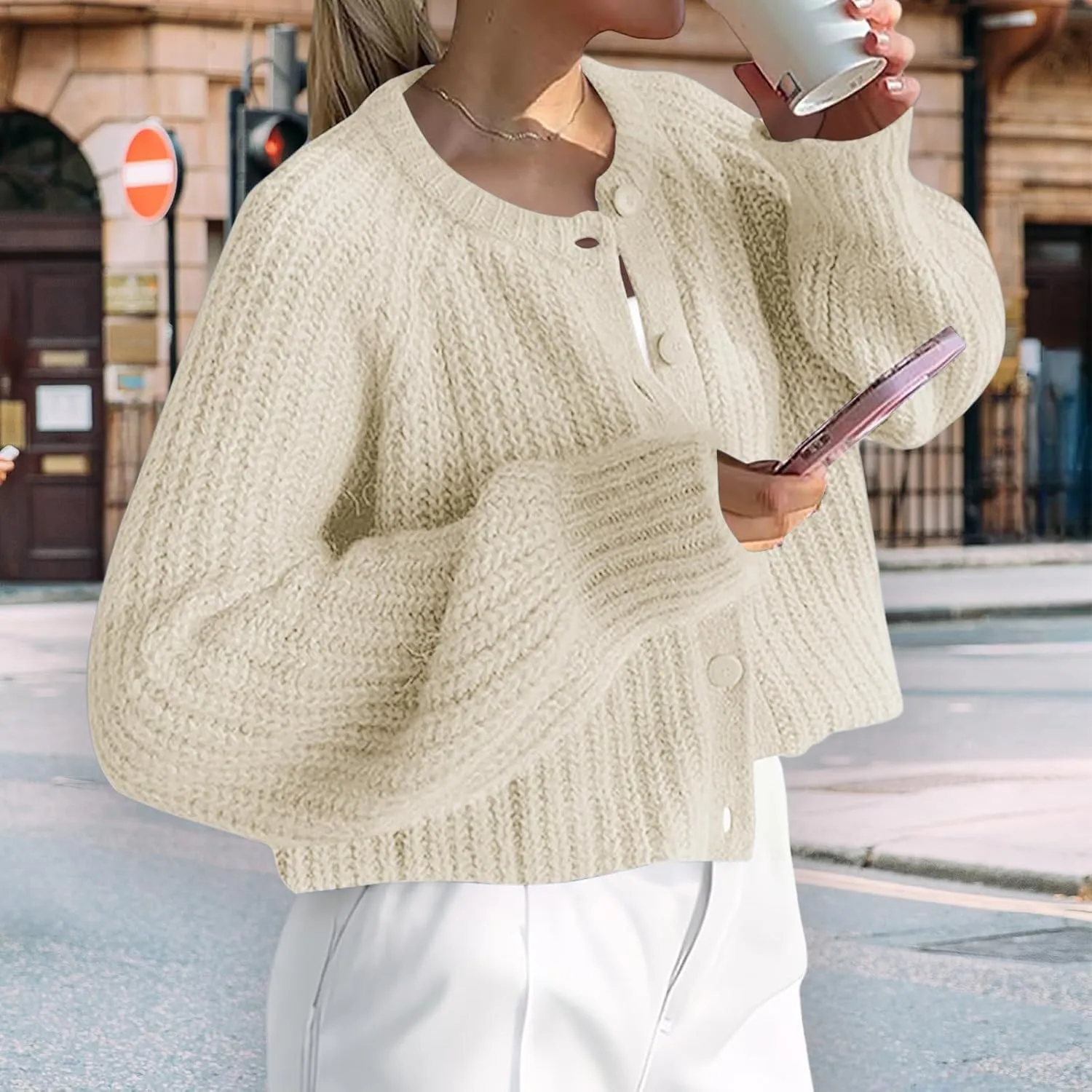 Crochet Cardigan Sweaters for Women Tops Chunky Knitted Crew Neck Trendy Cropped Button Long Sleeve Sweater Fall 2024
