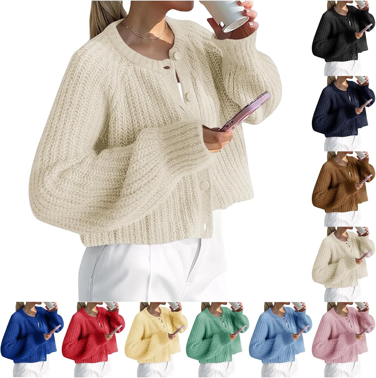 Crochet Cardigan Sweaters for Women Tops Chunky Knitted Crew Neck Trendy Cropped Button Long Sleeve Sweater Fall 2024