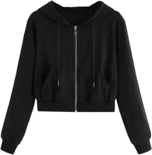 Cropped Hooded Sweatshirts for Women Fleece Full Zip Up Hoodies 90S Long Sleeve Y2k Clothes Jacket Top with Pockets