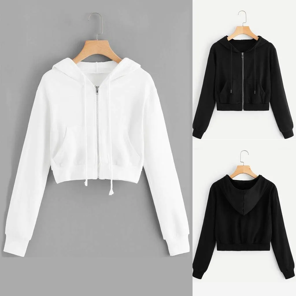 Cropped Hooded Sweatshirts for Women Fleece Full Zip Up Hoodies 90S Long Sleeve Y2k Clothes Jacket Top with Pockets