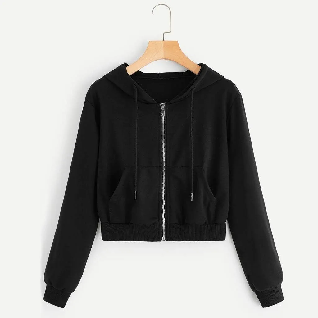 Cropped Hooded Sweatshirts for Women Fleece Full Zip Up Hoodies 90S Long Sleeve Y2k Clothes Jacket Top with Pockets