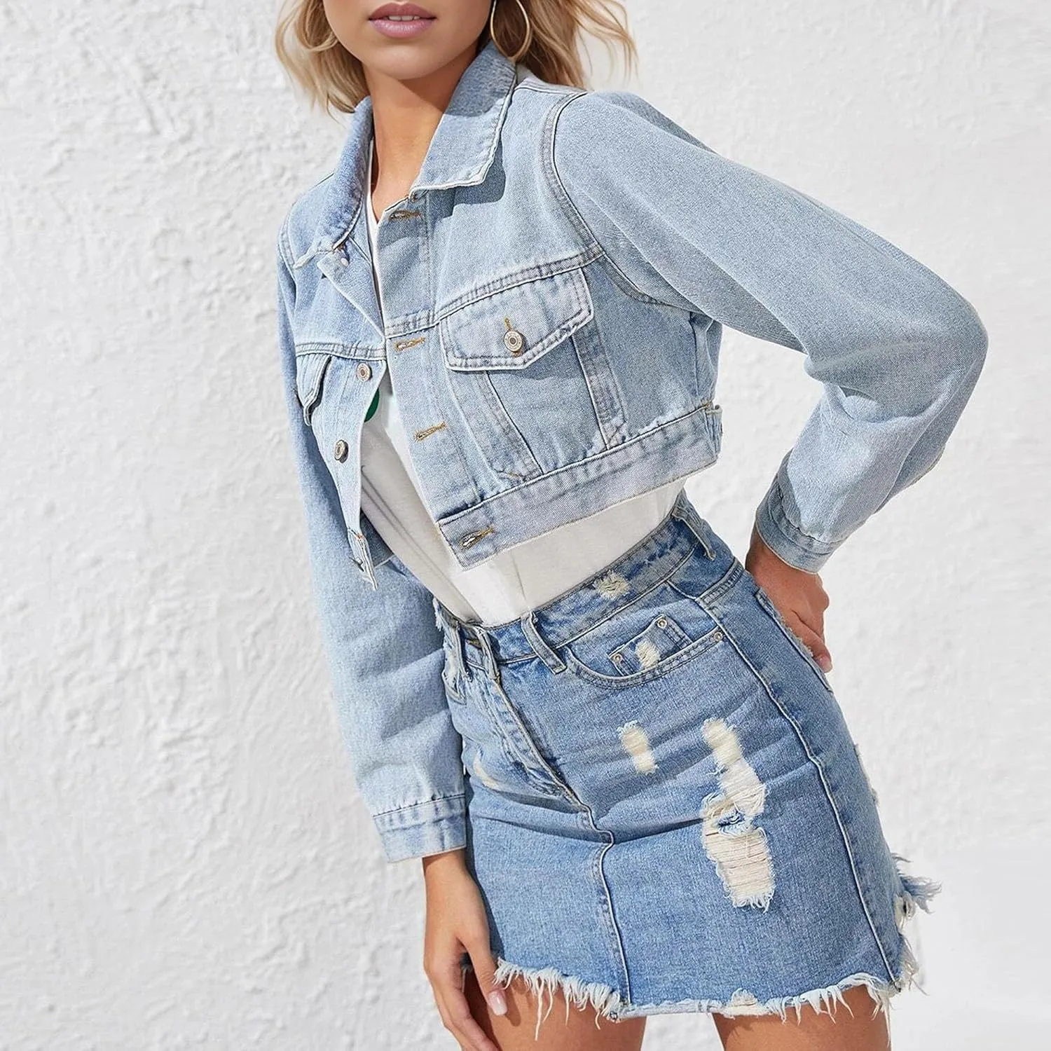 Cropped Jean Jacke Jackets for Women Trendy Women's Button Down Long Sleeve Cropped Denim Jean Jacket
