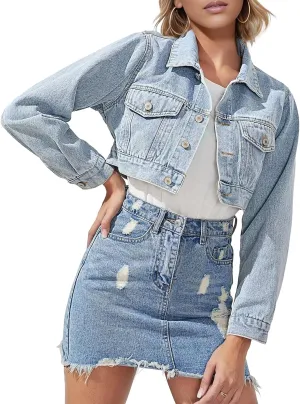 Cropped Jean Jacke Jackets for Women Trendy Women's Button Down Long Sleeve Cropped Denim Jean Jacket