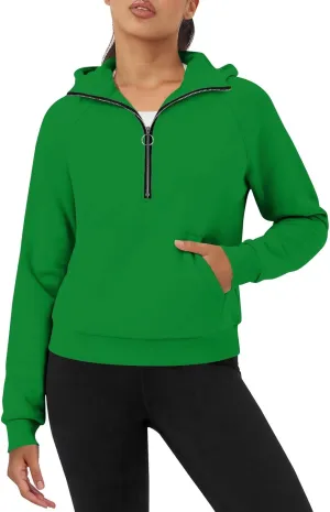 Cropped Zip Up Hoodie Women Baggy Half Zip Pullover Hooded Drop Shoulder Fleece Oversized Sweatshirt Outfits w/Pocket