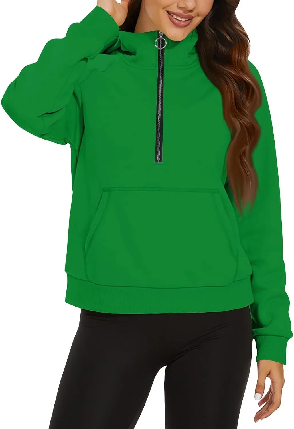 Cropped Zip Up Hoodie Women Baggy Half Zip Pullover Hooded Drop Shoulder Fleece Oversized Sweatshirt Outfits w/Pocket