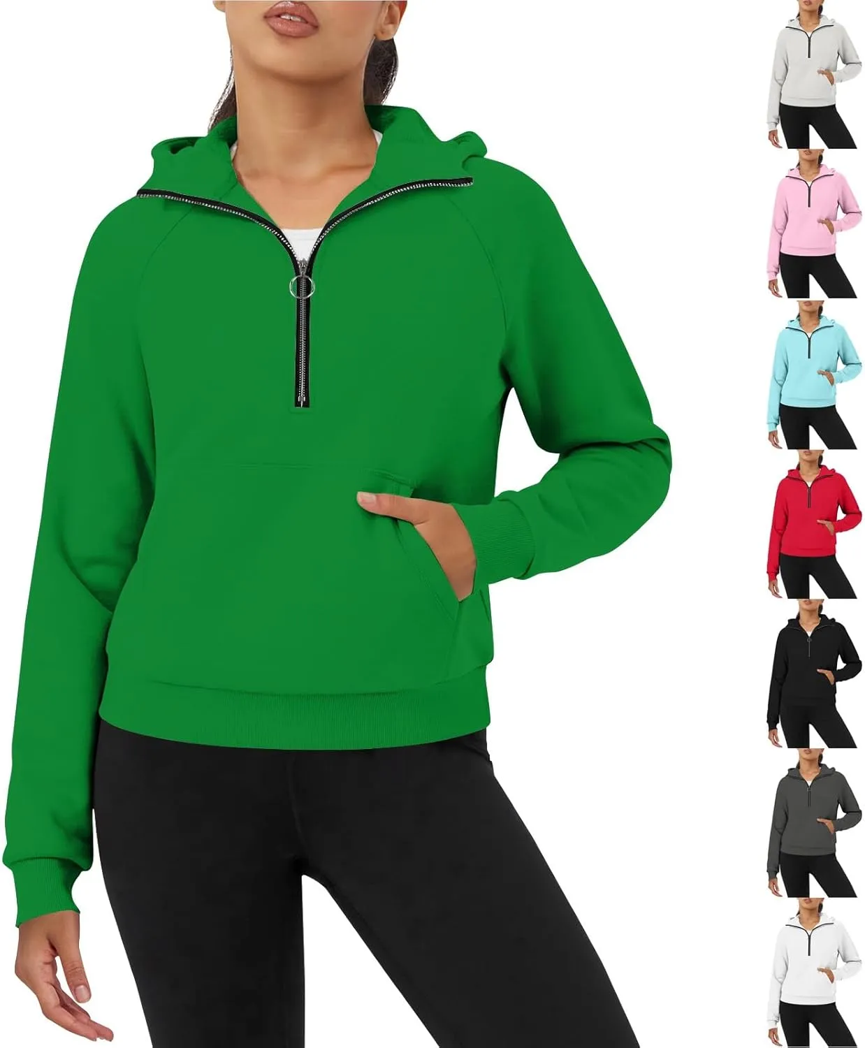 Cropped Zip Up Hoodie Women Baggy Half Zip Pullover Hooded Drop Shoulder Fleece Oversized Sweatshirt Outfits w/Pocket