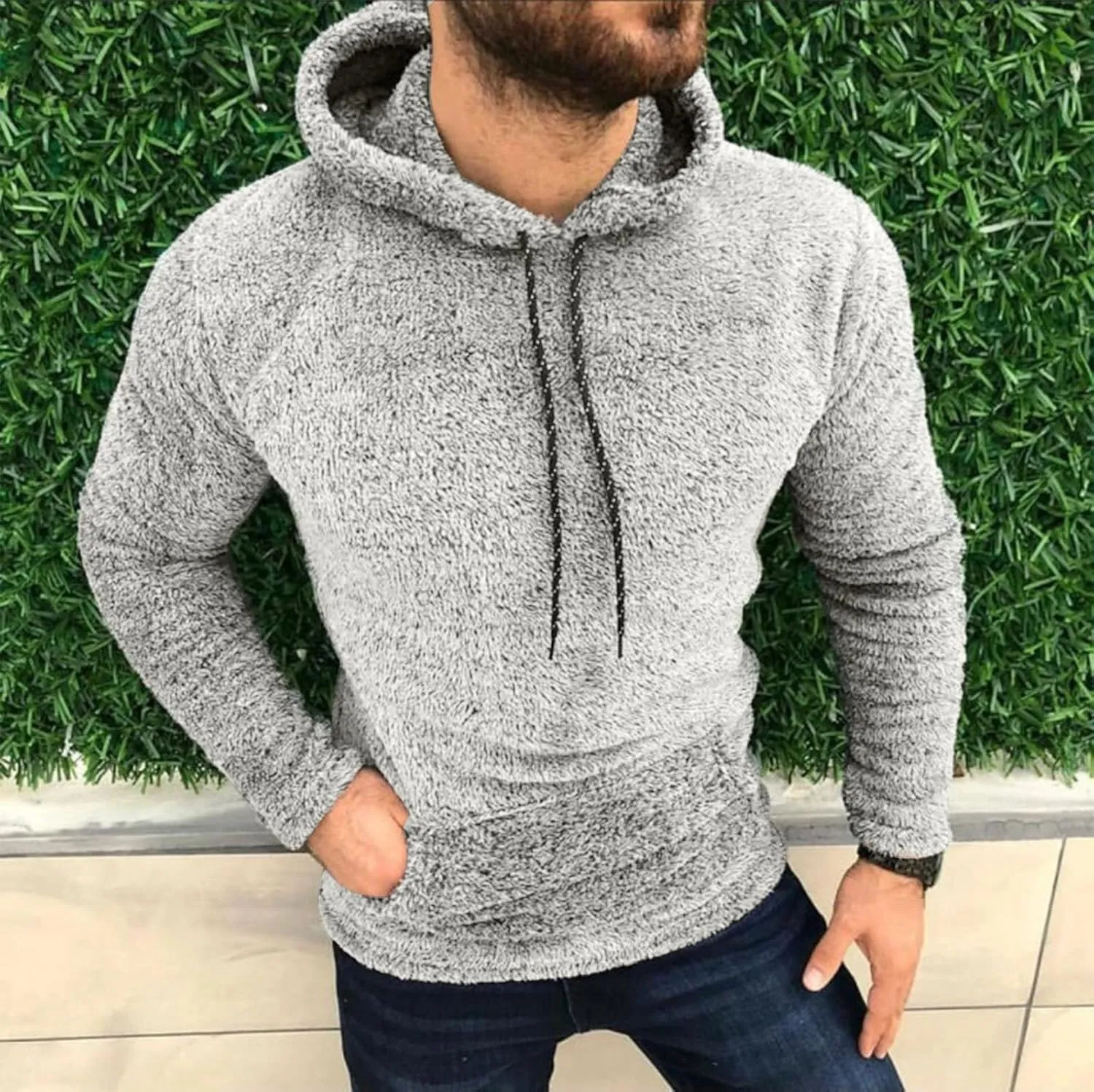 Ctreela Sherpa Fleece Pullover Hooded Sweatshirts, Solid Long Sleeve Front Pocket Fall Outwear, Winter Fuzzy Hoodie for Men