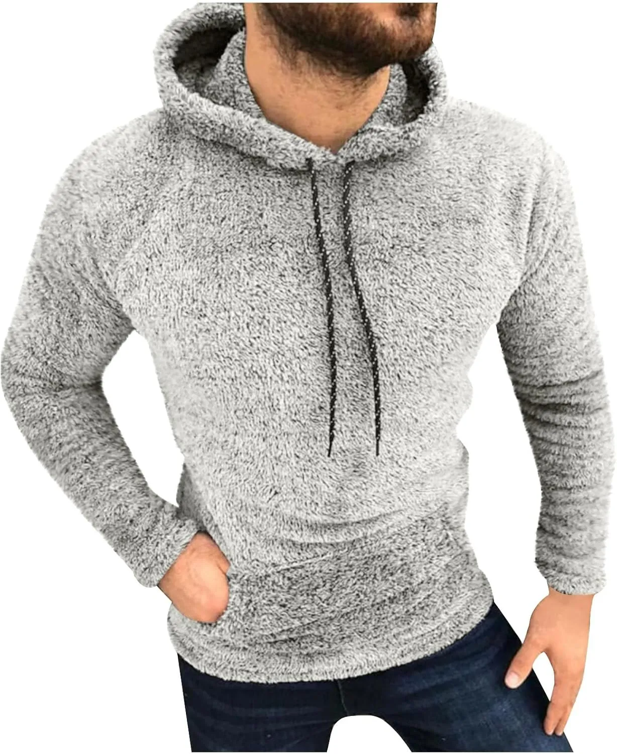 Ctreela Sherpa Fleece Pullover Hooded Sweatshirts, Solid Long Sleeve Front Pocket Fall Outwear, Winter Fuzzy Hoodie for Men