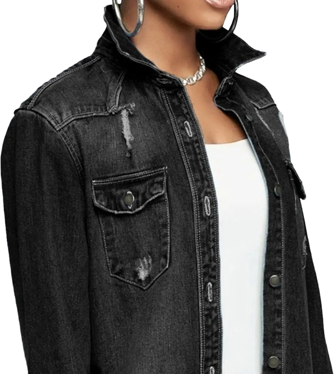 Denim Jackets for Women Trendy Denim Jacket for Women Winter Long Sleeve Classic Distressed Jean Trucker Jackets
