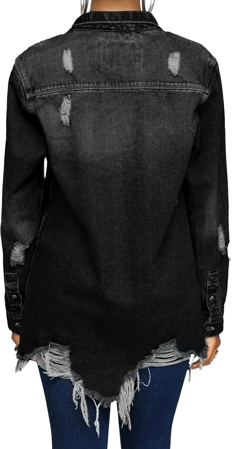 Denim Jackets for Women Trendy Denim Jacket for Women Winter Long Sleeve Classic Distressed Jean Trucker Jackets