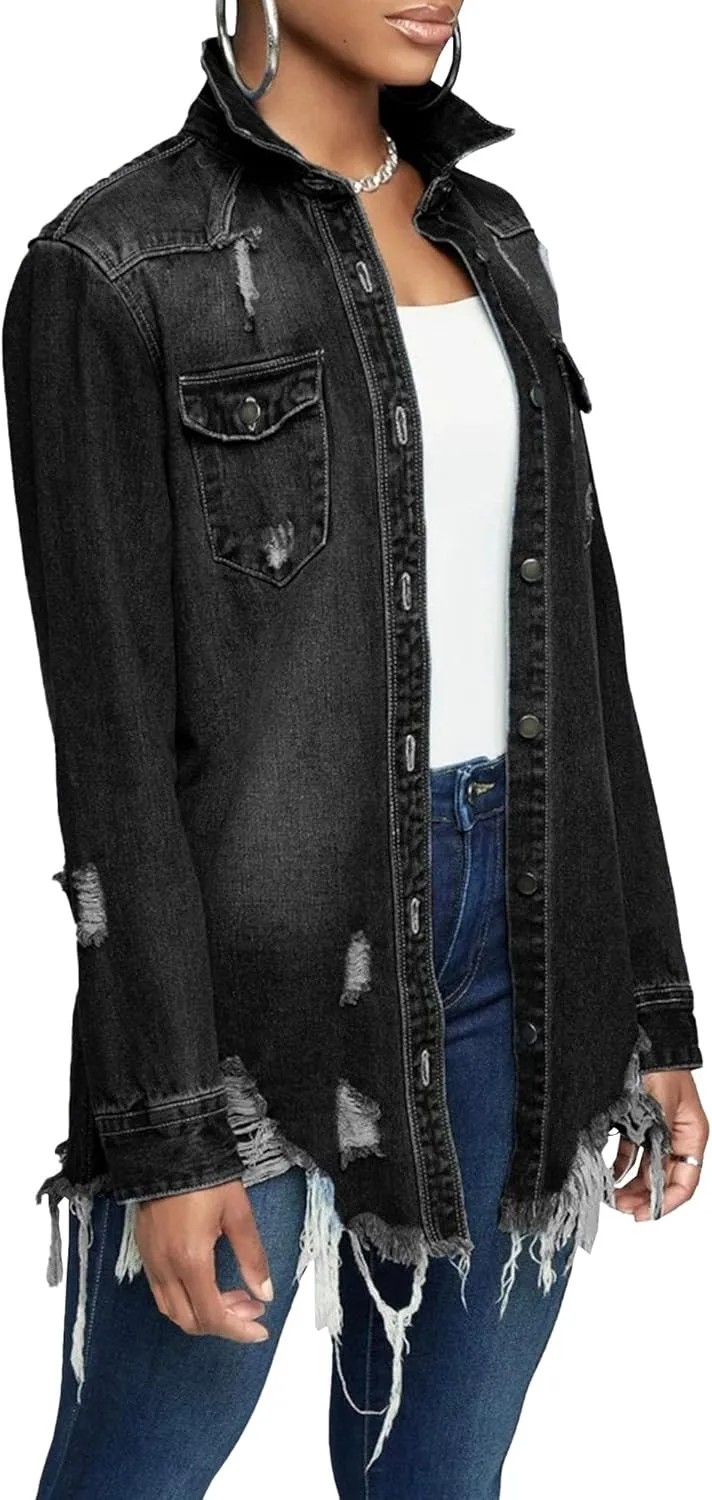 Denim Jackets for Women Trendy Denim Jacket for Women Winter Long Sleeve Classic Distressed Jean Trucker Jackets