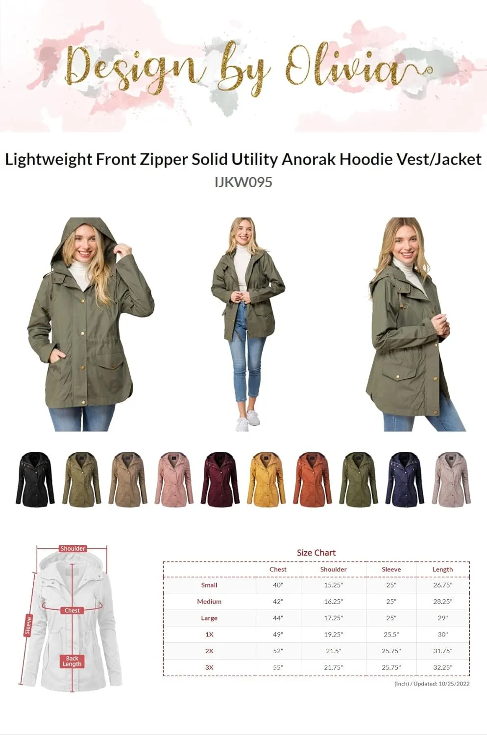 Design by Olivia Women's Lightweight Front Zipper Solid Utility Anorak Hoodie Vest/Jacket