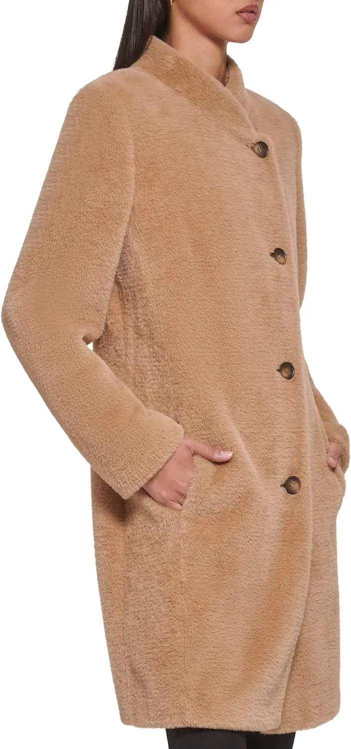 DKNY Womens Wool-Blend Button-up Asymmetrical Overcoat