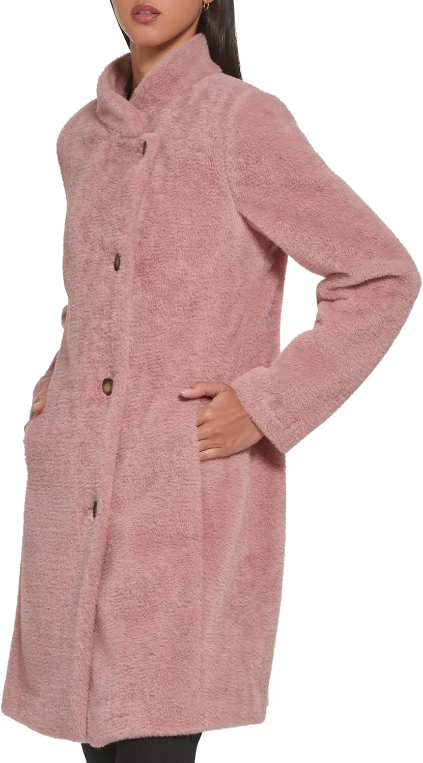 DKNY Womens Wool-Blend Button-up Asymmetrical Overcoat
