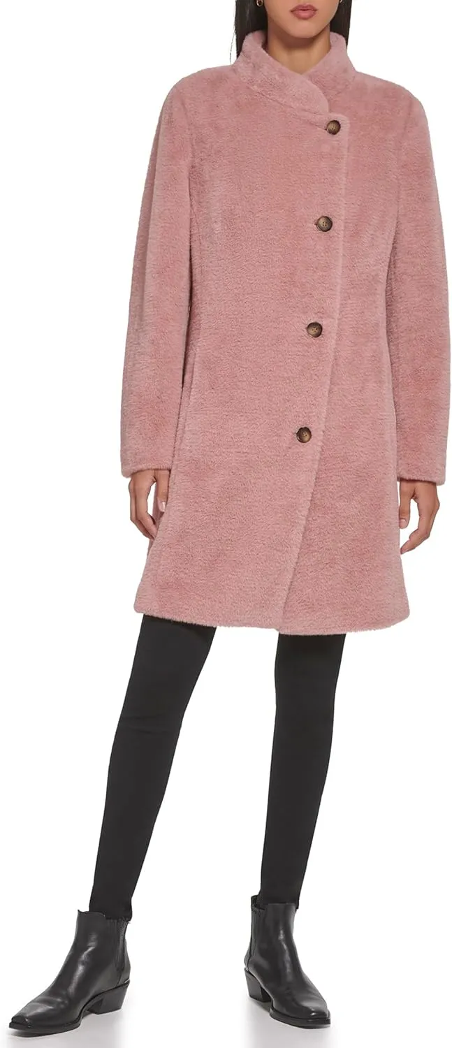 DKNY Womens Wool-Blend Button-up Asymmetrical Overcoat