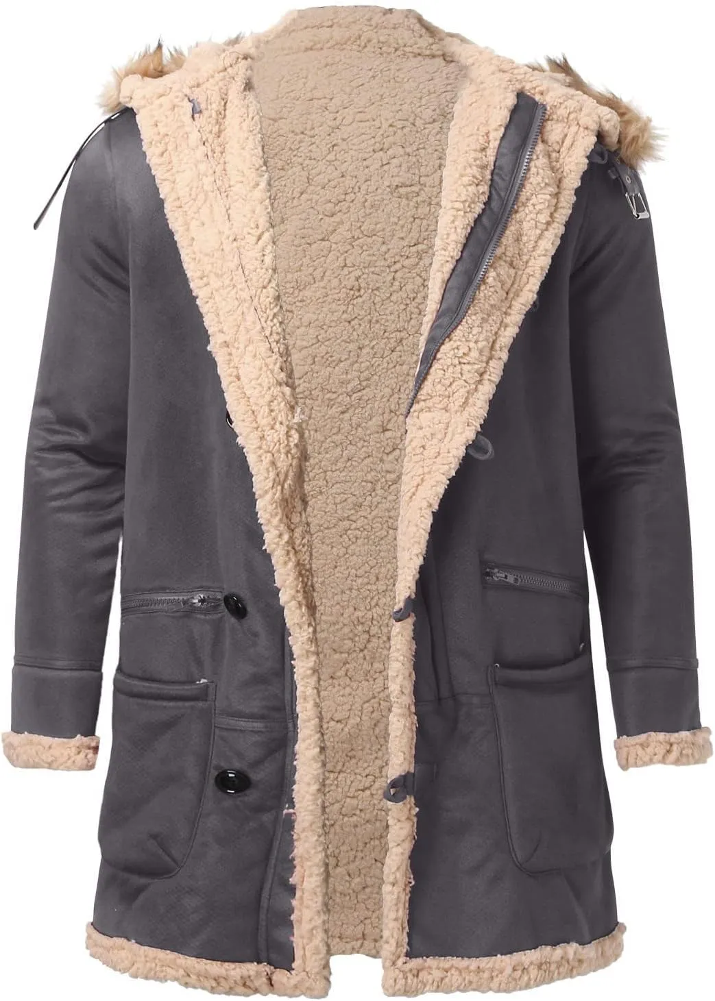 DuDubaby Men's Artificial Lined Hooded Jacket Men's Retro Long Jacket Coat