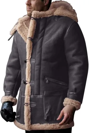 DuDubaby Men's Artificial Lined Hooded Jacket Men's Retro Long Jacket Coat