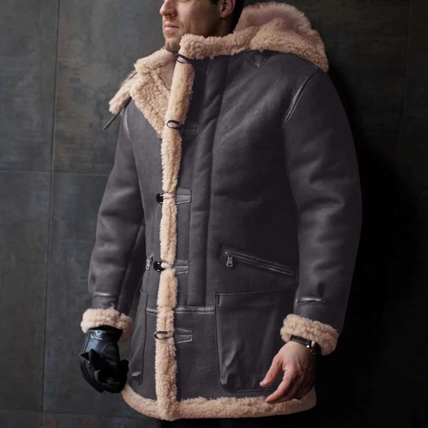 DuDubaby Men's Artificial Lined Hooded Jacket Men's Retro Long Jacket Coat