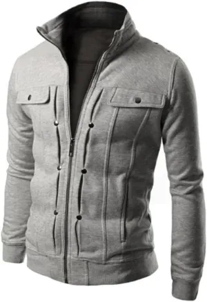 DuDubaby Men's Fashion Casual Loose Stand Collar Button Decorated Sweatshirt Jacket