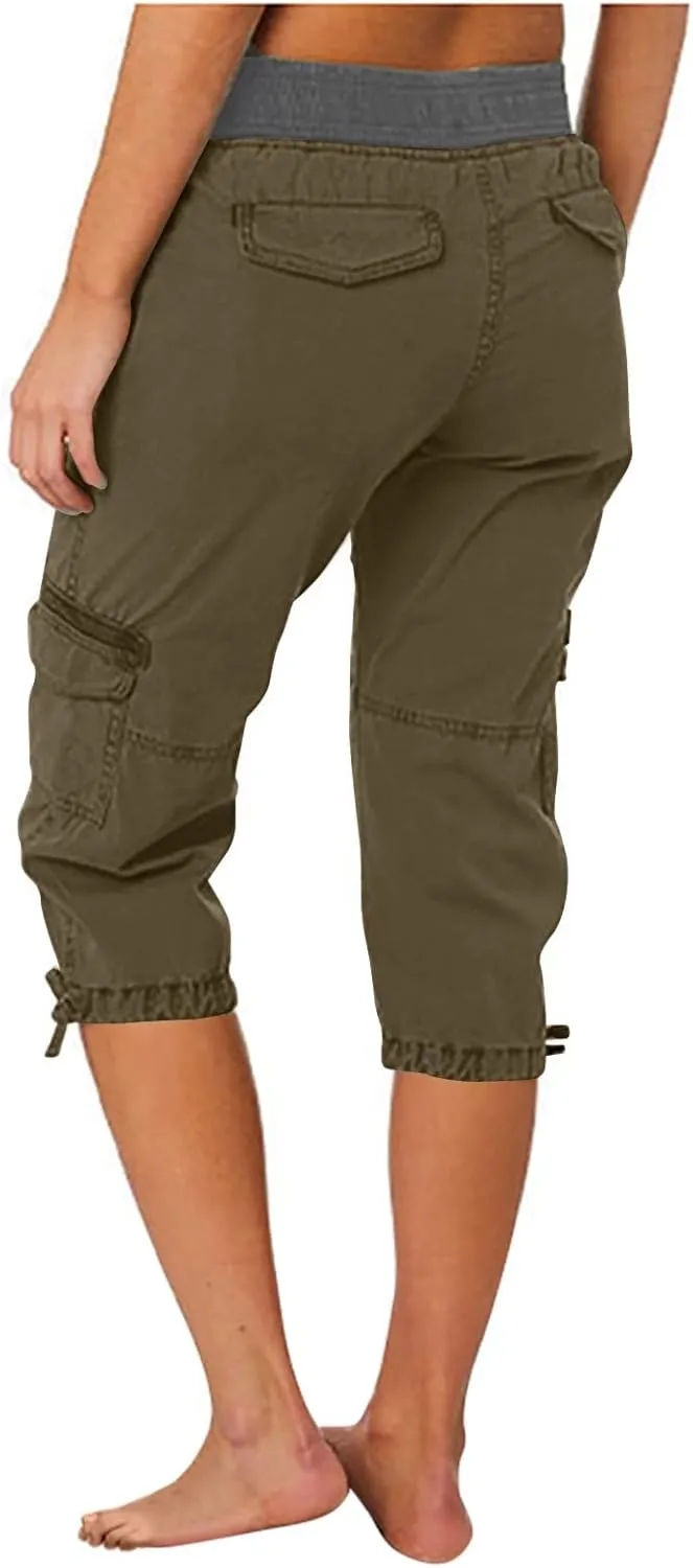 Elastic Waist Cargo Shorts for Women Summer Fashion Casual Travel Cropped Trousers Hiking Relaxed Multi-Pocket Shorts