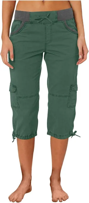 Elastic Waist Cargo Shorts for Women Summer Fashion Casual Travel Cropped Trousers Hiking Relaxed Multi-Pocket Shorts