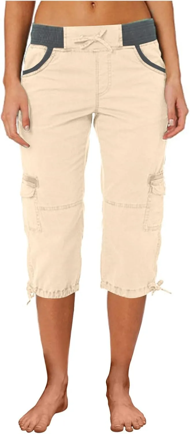Elastic Waist Cargo Shorts for Women Summer Fashion Casual Travel Cropped Trousers Hiking Relaxed Multi-Pocket Shorts