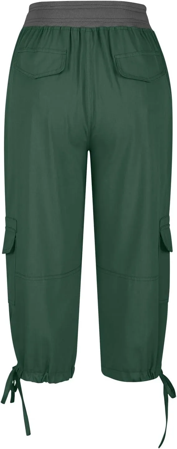Elastic Waist Cargo Shorts for Women Summer Fashion Casual Travel Cropped Trousers Hiking Relaxed Multi-Pocket Shorts