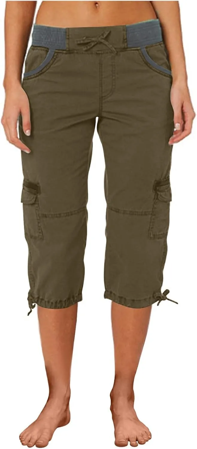 Elastic Waist Cargo Shorts for Women Summer Fashion Casual Travel Cropped Trousers Hiking Relaxed Multi-Pocket Shorts
