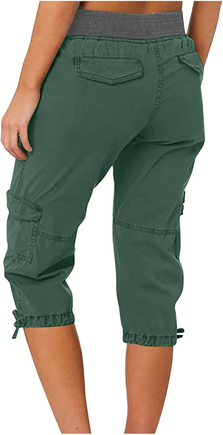 Elastic Waist Cargo Shorts for Women Summer Fashion Casual Travel Cropped Trousers Hiking Relaxed Multi-Pocket Shorts