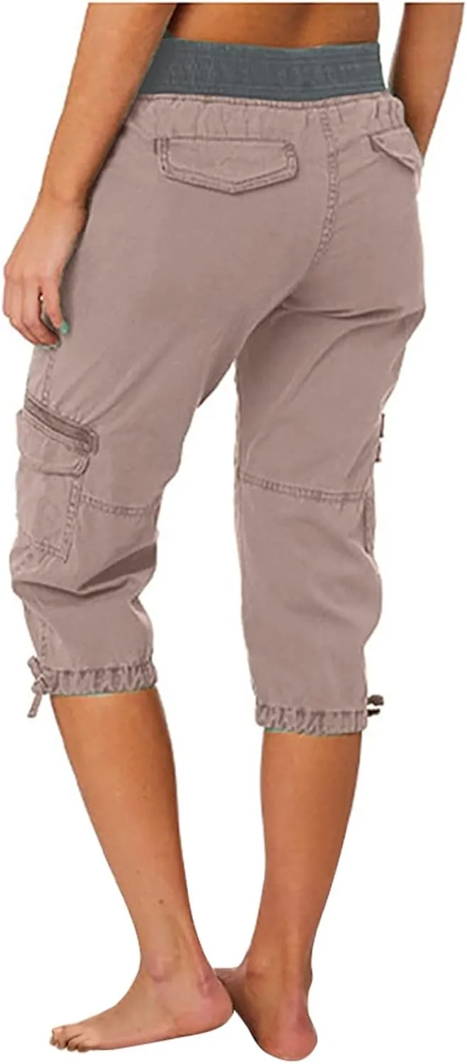 Elastic Waist Cargo Shorts for Women Summer Fashion Casual Travel Cropped Trousers Hiking Relaxed Multi-Pocket Shorts
