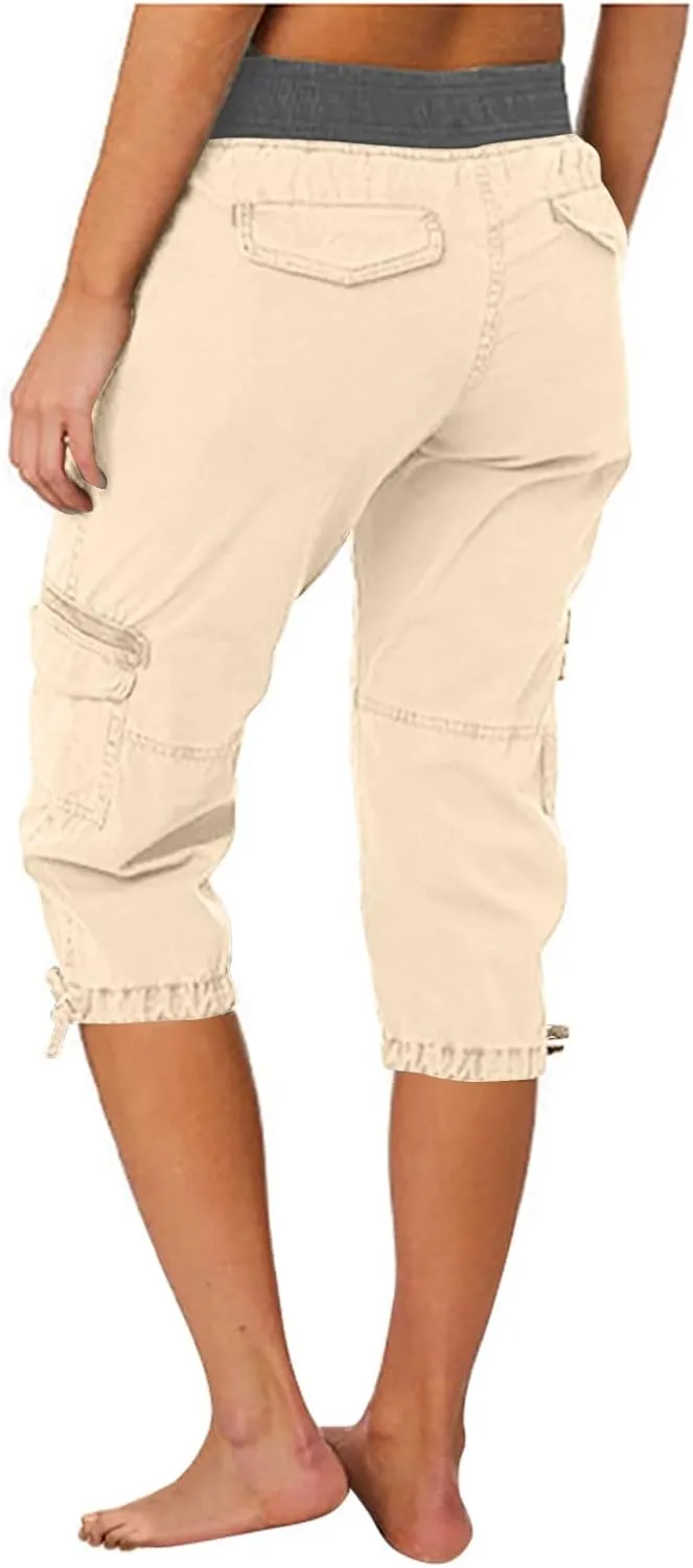 Elastic Waist Cargo Shorts for Women Summer Fashion Casual Travel Cropped Trousers Hiking Relaxed Multi-Pocket Shorts