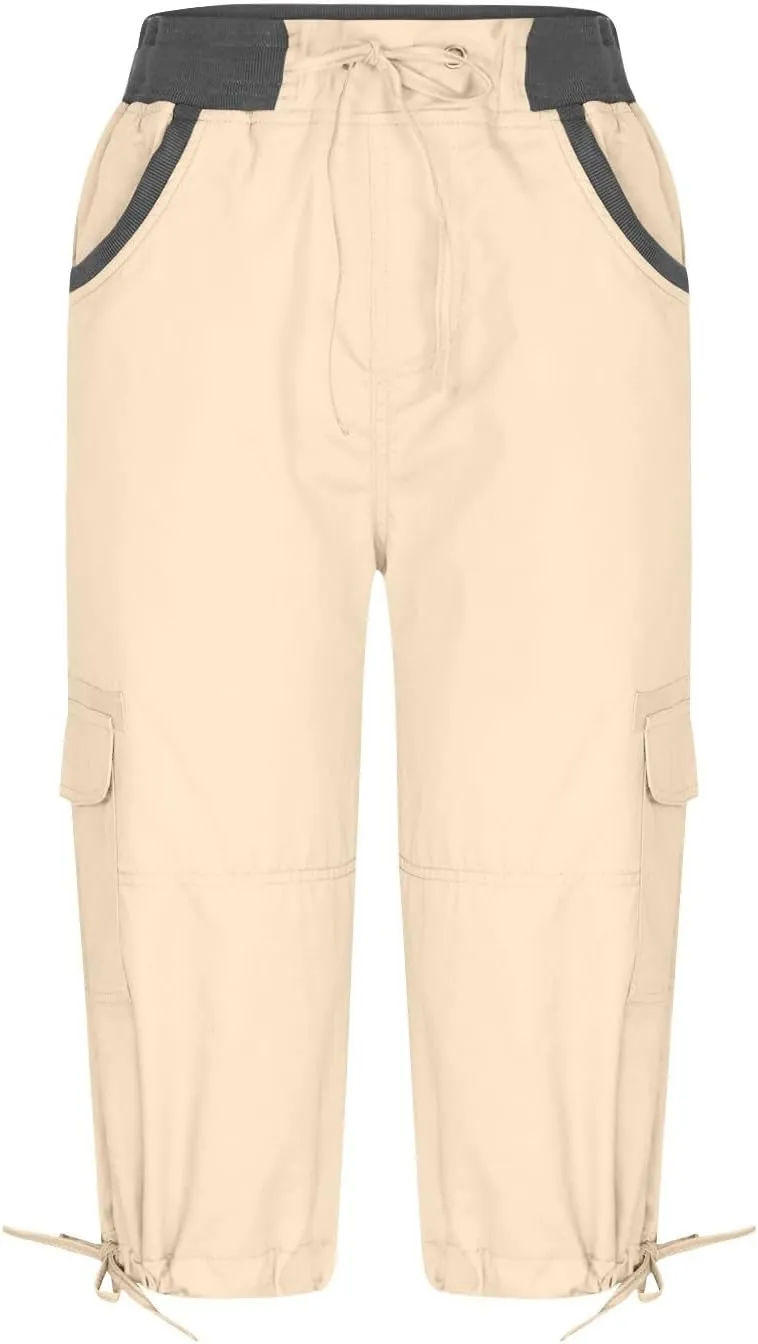 Elastic Waist Cargo Shorts for Women Summer Fashion Casual Travel Cropped Trousers Hiking Relaxed Multi-Pocket Shorts