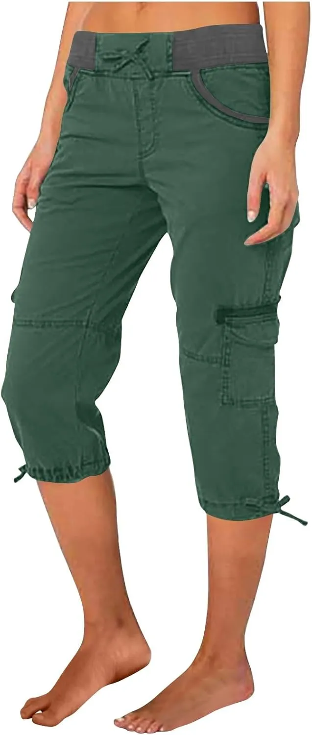Elastic Waist Cargo Shorts for Women Summer Fashion Casual Travel Cropped Trousers Hiking Relaxed Multi-Pocket Shorts