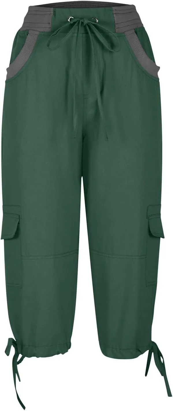 Elastic Waist Cargo Shorts for Women Summer Fashion Casual Travel Cropped Trousers Hiking Relaxed Multi-Pocket Shorts