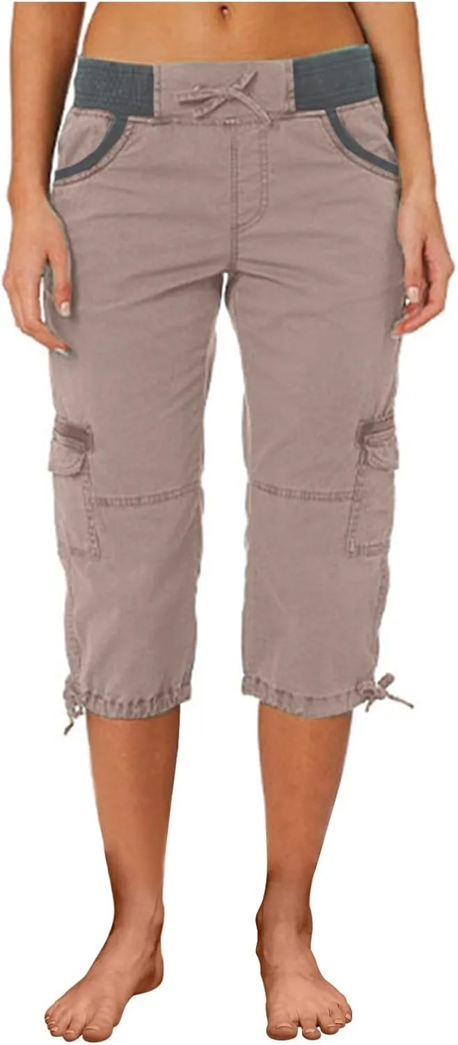 Elastic Waist Cargo Shorts for Women Summer Fashion Casual Travel Cropped Trousers Hiking Relaxed Multi-Pocket Shorts