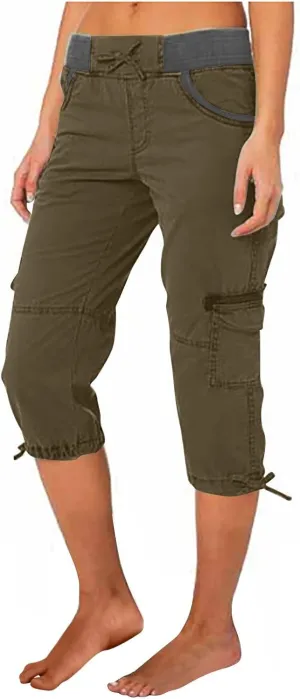 Elastic Waist Cargo Shorts for Women Summer Fashion Casual Travel Cropped Trousers Hiking Relaxed Multi-Pocket Shorts