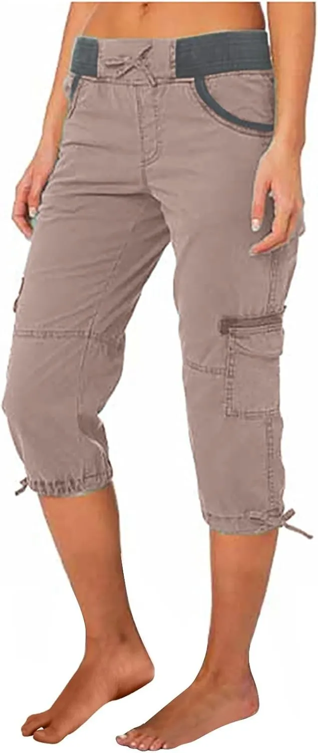 Elastic Waist Cargo Shorts for Women Summer Fashion Casual Travel Cropped Trousers Hiking Relaxed Multi-Pocket Shorts