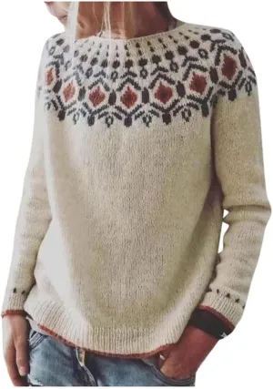 Fair Isle Sweater Women Fall Winter Vintage Knitted Patterned Sweater Crewneck Colorful Striped Knit Pullover Tops