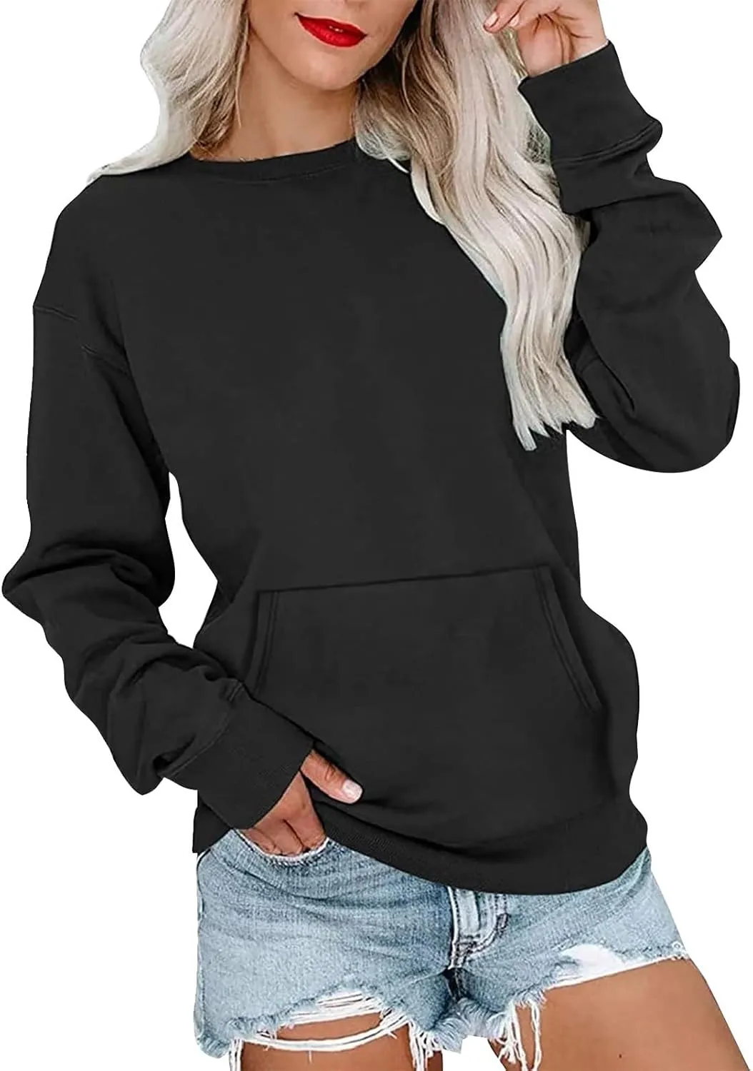 fanmpghleoo Sweatshirt for Women Crewneck Fleece Lined Sweatshirts with Pockets Drop Shoulder Trendy Plain Basic Comfy Hoodie