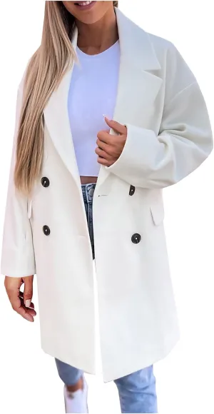 fartey Women's Trench Coats Double-Breasted Classic Lapel Overcoat Oversized Mid-Long Length Wool Blend Pea Coats