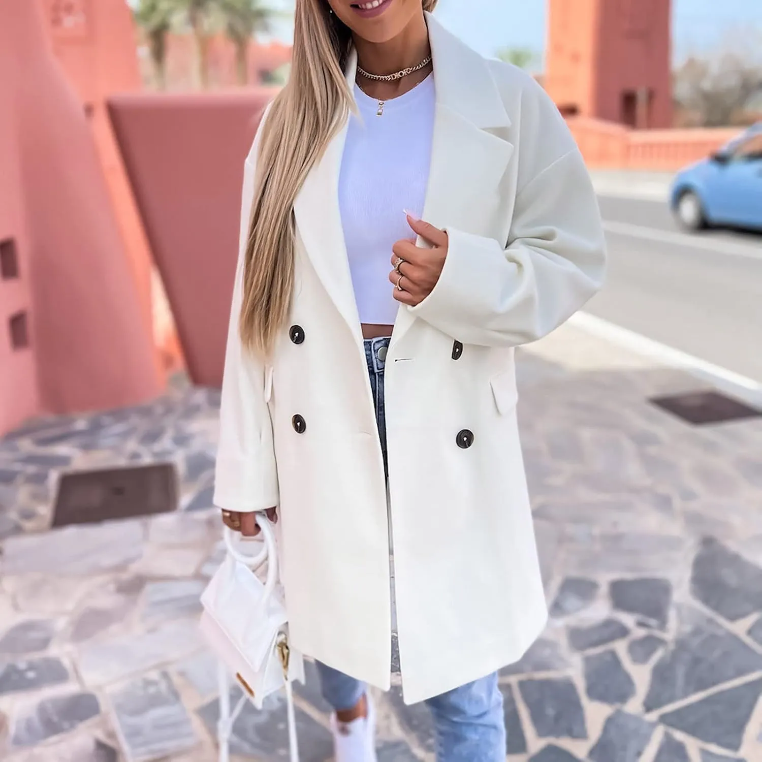 fartey Women's Trench Coats Double-Breasted Classic Lapel Overcoat Oversized Mid-Long Length Wool Blend Pea Coats