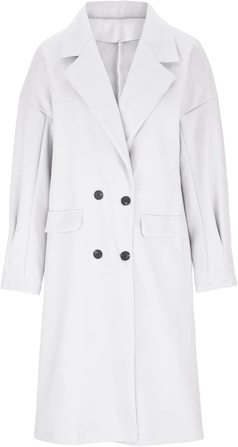 fartey Women's Trench Coats Double-Breasted Classic Lapel Overcoat Oversized Mid-Long Length Wool Blend Pea Coats
