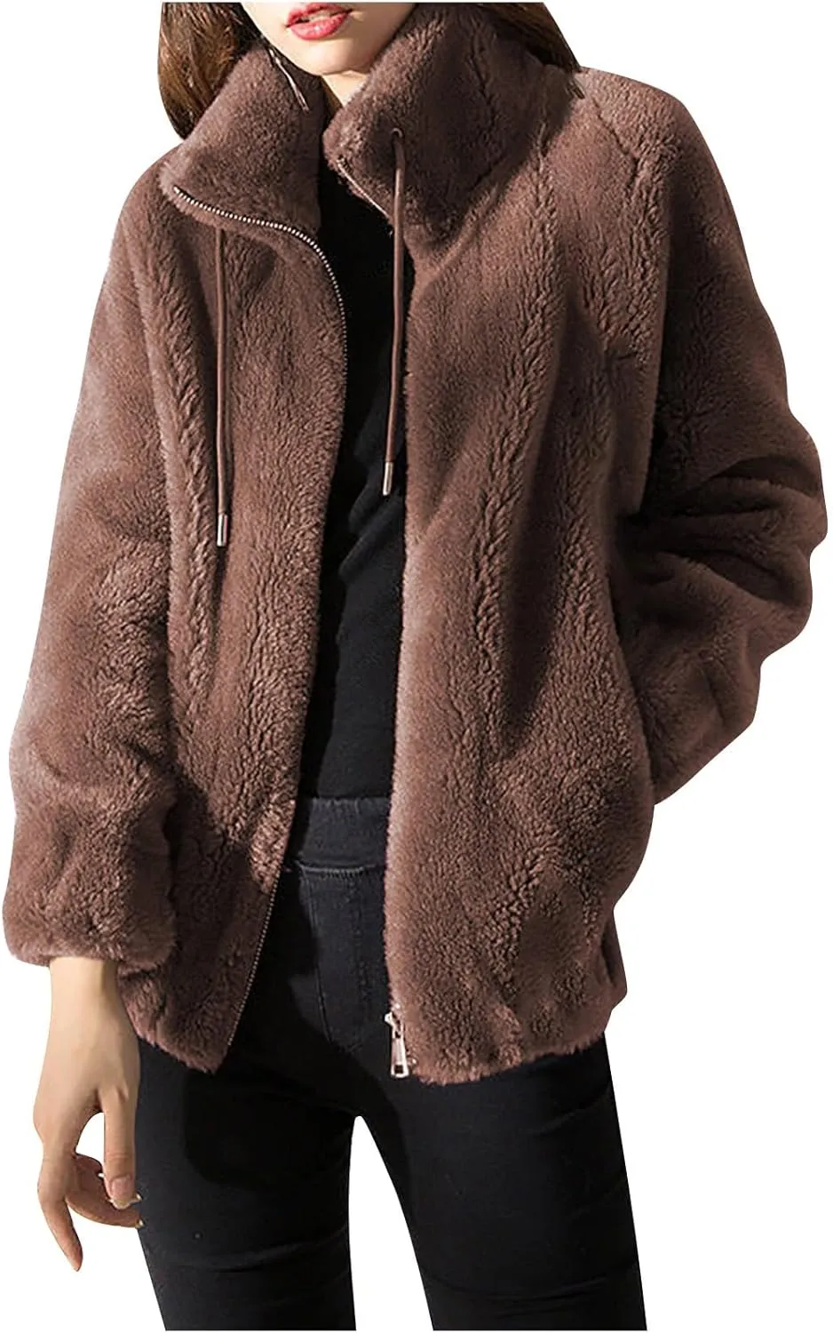 Faux Fur Jacket Women Double-Faced Fleece Winter Warm Fuzzy Coats Fashion Shaggy Soild Open Front Zip Outwear Overcoat