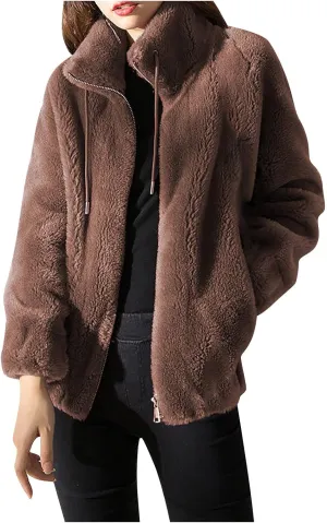 Faux Fur Jacket Women Double-Faced Fleece Winter Warm Fuzzy Coats Fashion Shaggy Soild Open Front Zip Outwear Overcoat
