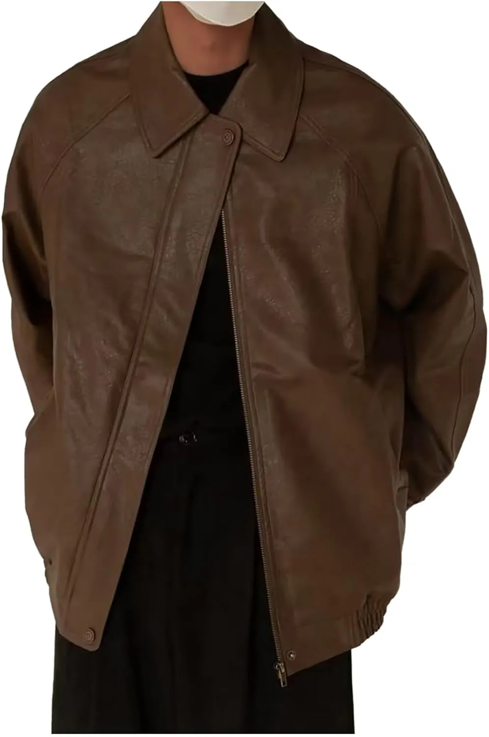 Faux Leather Jacket Men Vintage Distressed PU Motorcycle Coat Button Down Lapel Racer Biker Bomber Jacket