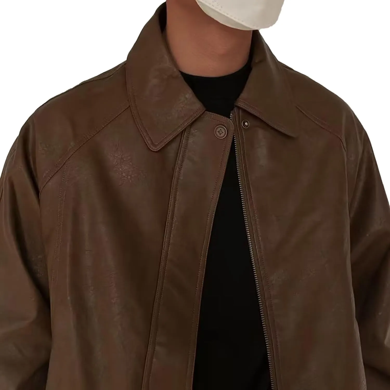 Faux Leather Jacket Men Vintage Distressed PU Motorcycle Coat Button Down Lapel Racer Biker Bomber Jacket