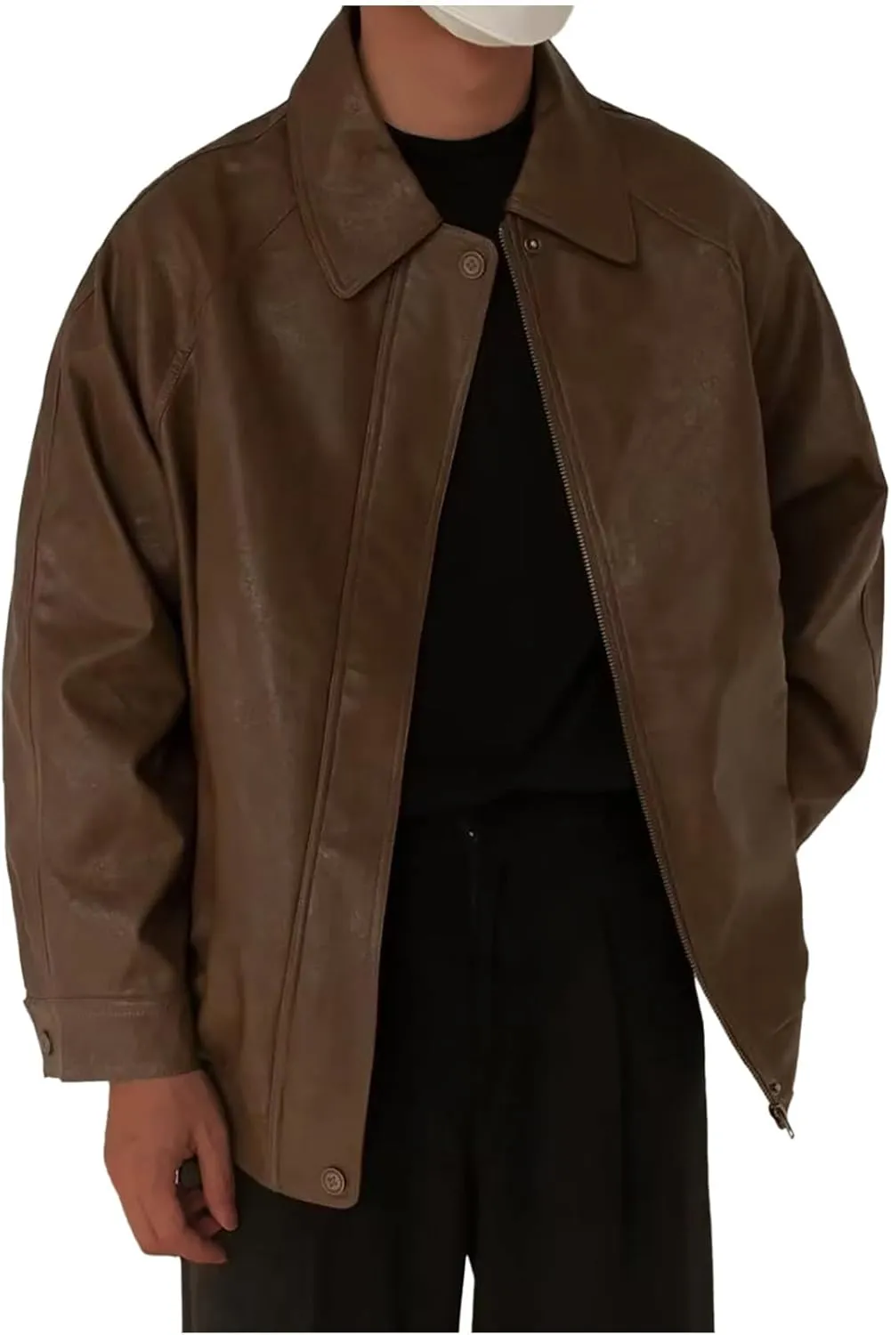 Faux Leather Jacket Men Vintage Distressed PU Motorcycle Coat Button Down Lapel Racer Biker Bomber Jacket